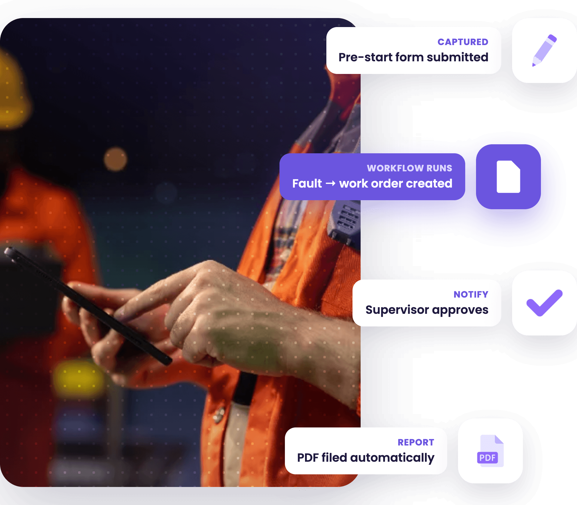 workM8 Digital Forms — pre-start form submission triggering an automated workflow and PDF report